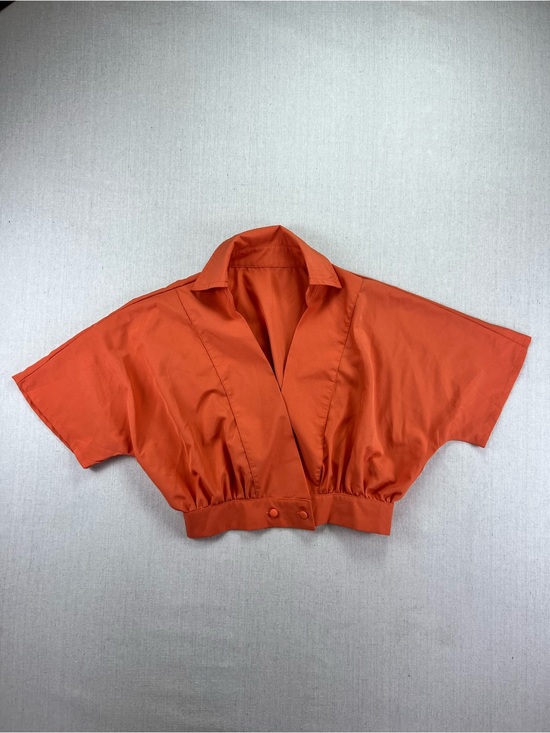 Tops - Women's Orange Cropped Collared Short Sleeve Pleated Indie Boho Flirty V-Neck M